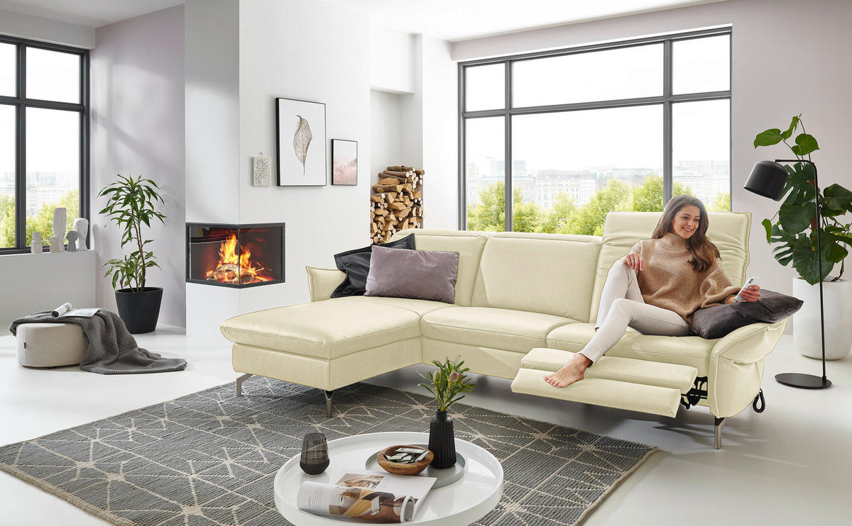 ECKSOFA in Echtleder Creme  - Creme/Nickelfarben, Modern, Leder/Metall (179/233cm) - Livetastic