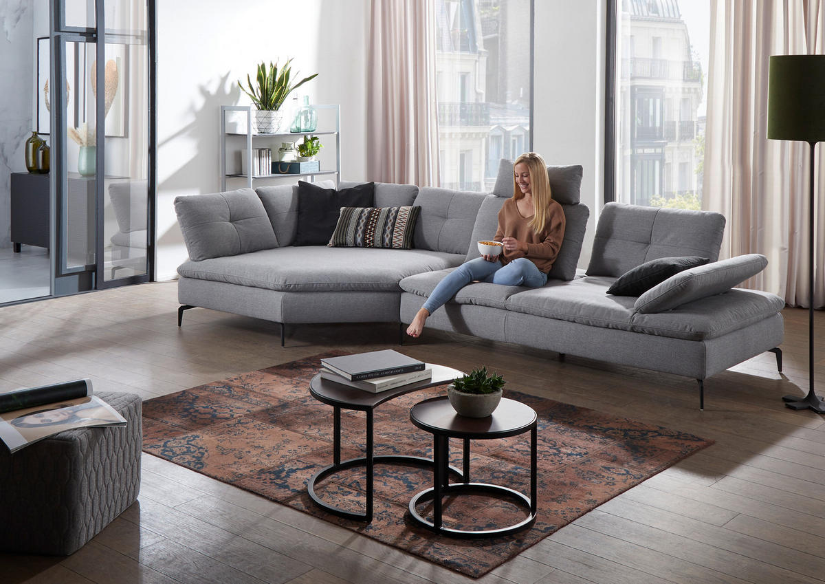 ECKSOFA Hellgrau Flachgewebe  - Hellgrau/Schwarz, Design, Textil/Metall (159/344cm) - Chilliano