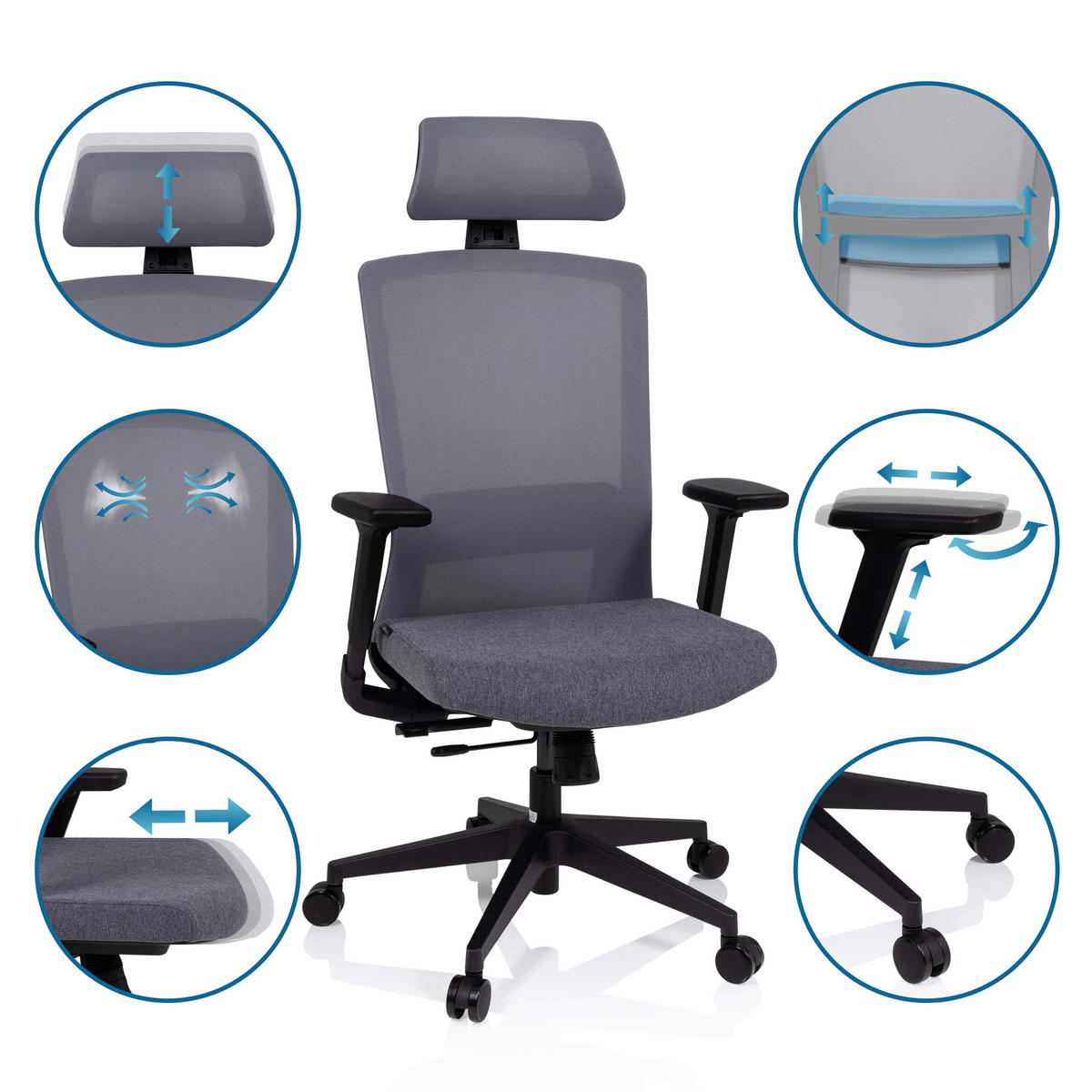 OTOČNÁ ŽIDLE, síťovina, plochá tkanina, šedá, černá - šedá/černá, Moderní, textil/plast (66/117/62cm) - MID.YOU