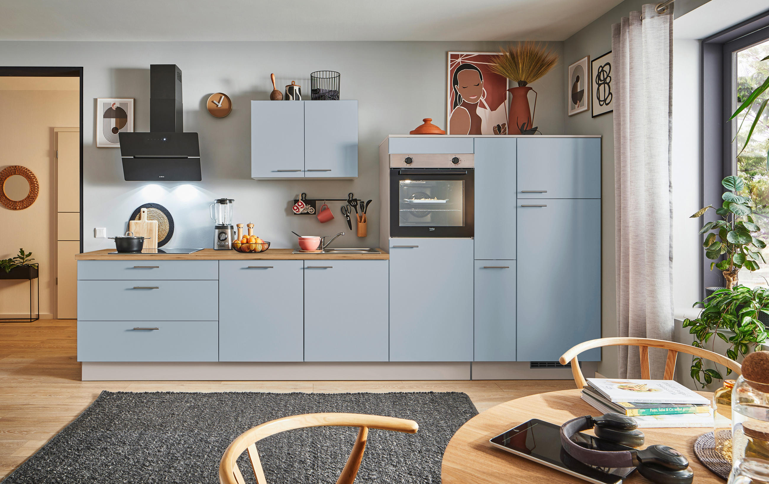 KÜCHENBLOCK PN 105 340 cm  in Eichefarben, Kaschmir, Pastellblau  - Kaschmir/Edelstahlfarben, Design, Holzwerkstoff/Metall (340cm) - Pino
