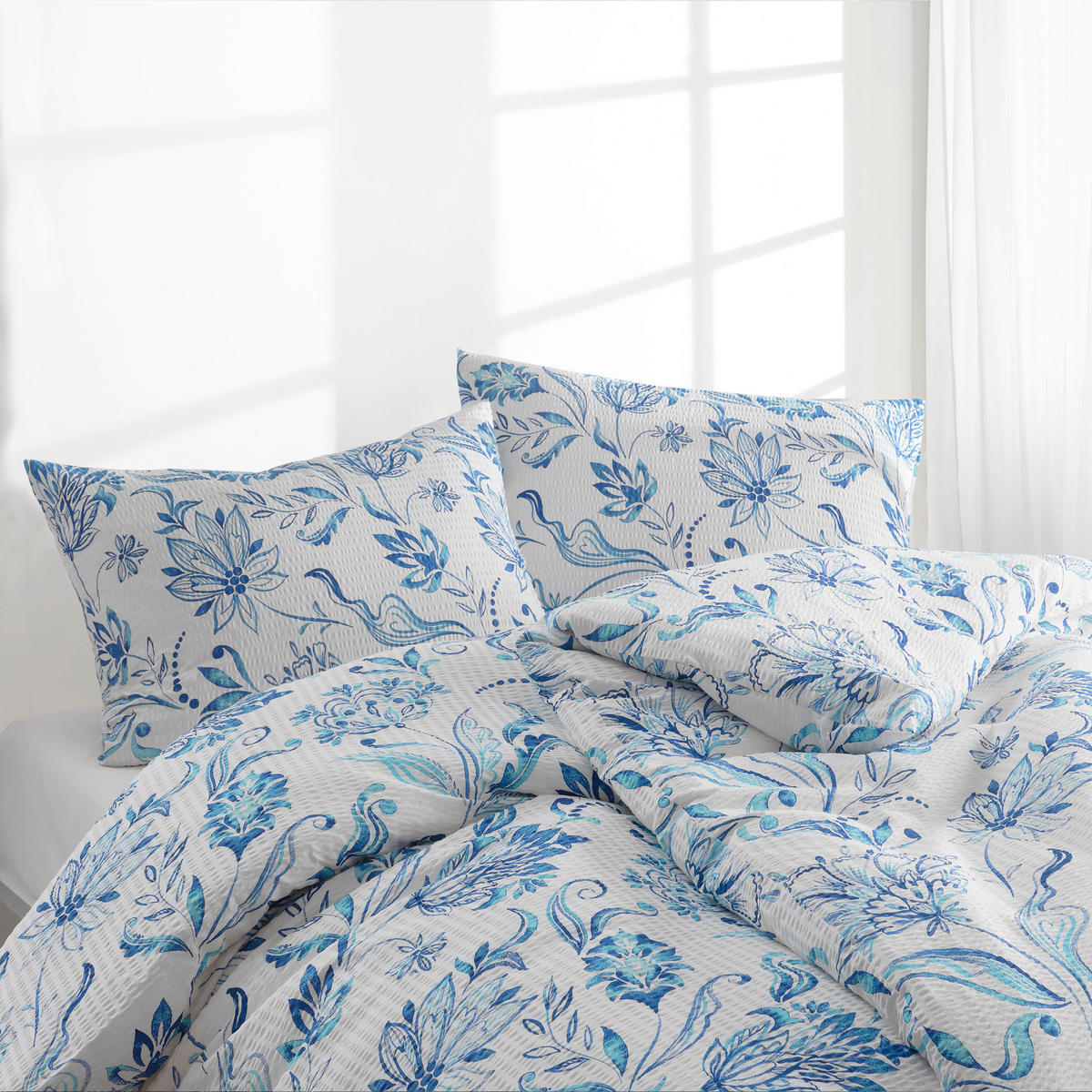 Bettwäsche 2er Set 4-teilig Seersucker 135/200 cm  - Blau, Basics, Textil (135/200cm) - Florella