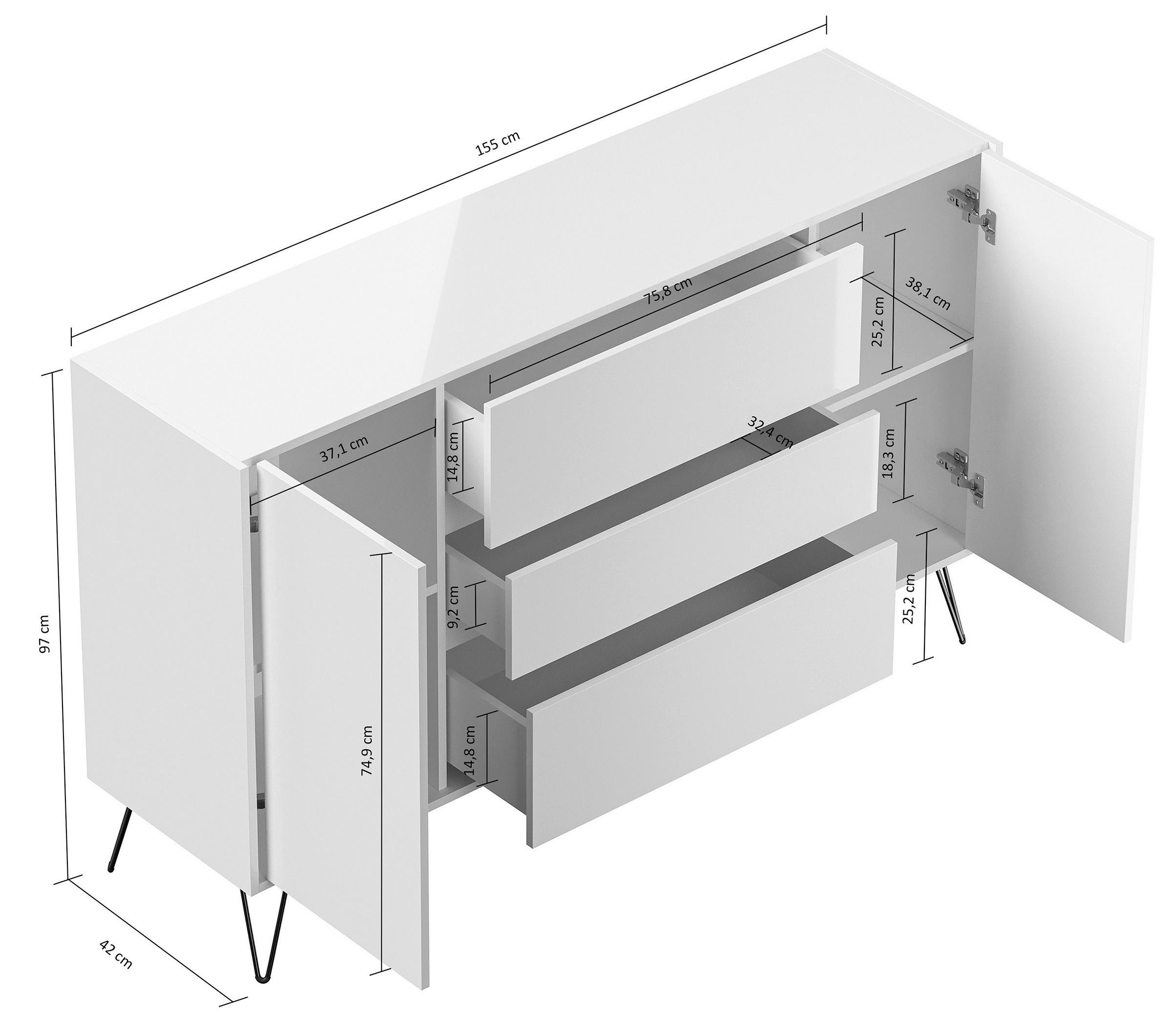 Thumbnail - P & B Sideboard Posseik Industrial, Graphit, Eiche, Holzwerkstoff, 3 Schublade(n) Schubladen, 155x93.6x42 cm, stehend, W...