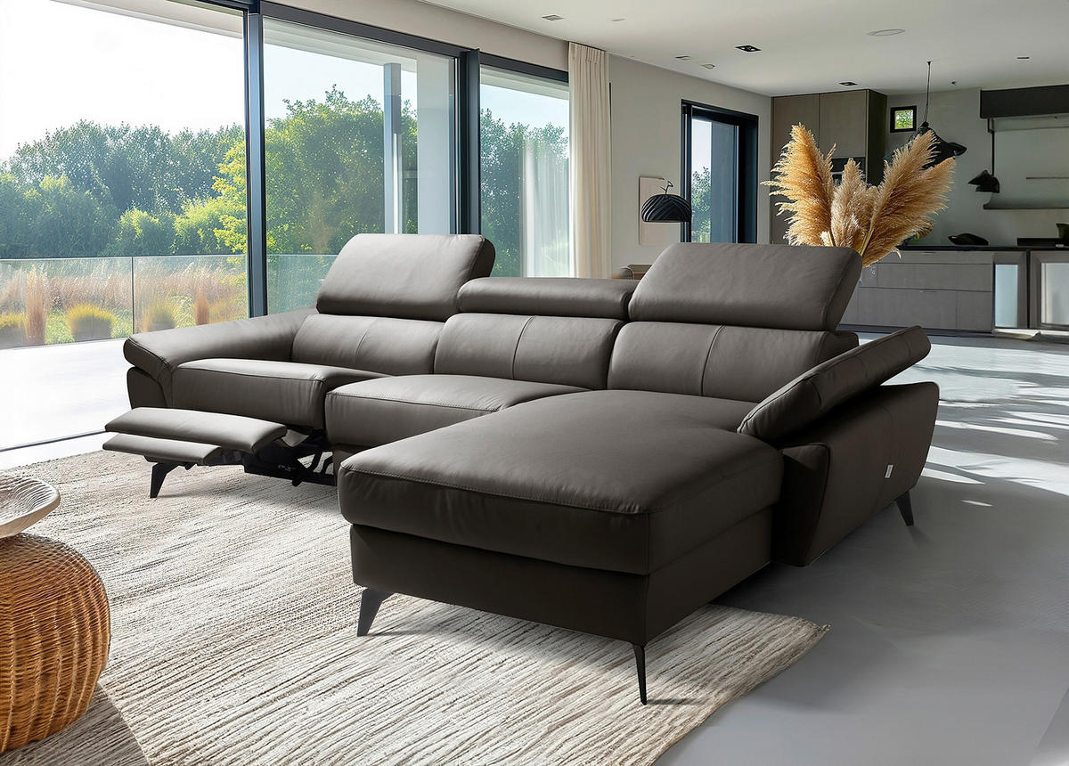 ECKSOFA SONO in Lederlook Echtleder Dunkelbraun Armteilverstellung, Kopfteilverstellung  252/179 cm  - Dunkelbraun/Schwarz, Design, Leder/Textil (252/179cm) - Livetastic