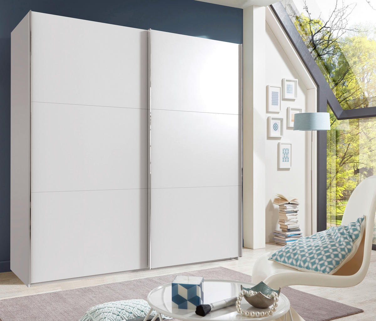 SCHWEBETÜRENSCHRANK 150/216/65 cm Weiß-türig Weiß  - Chromfarben/Weiß, MODERN, Holzwerkstoff/Metall (150/216/65cm) - MID.YOU