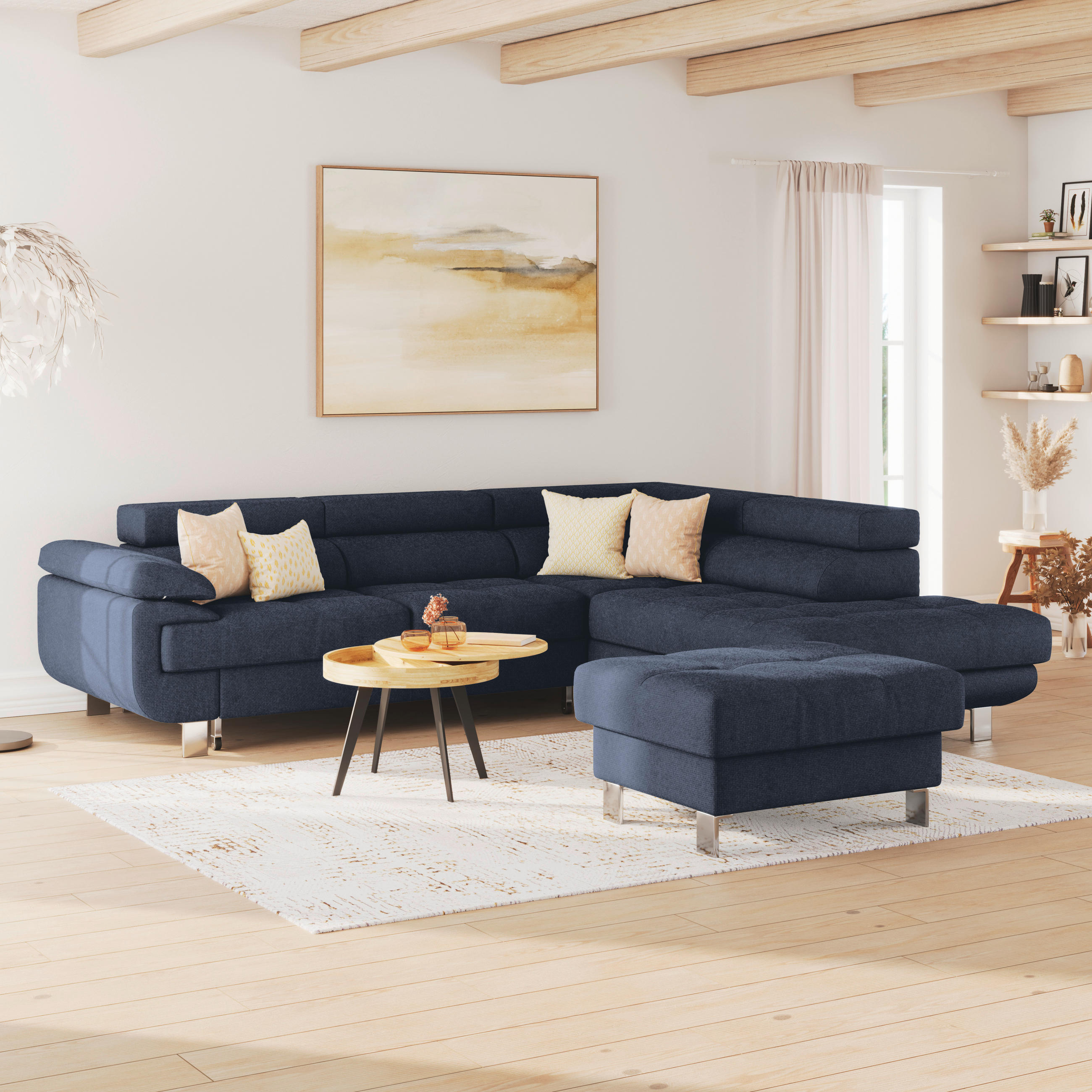 HOCKER in Textil Dunkelblau  - Dunkelblau, Modern, Textil/Metall (90/44/73cm) - MID.YOU