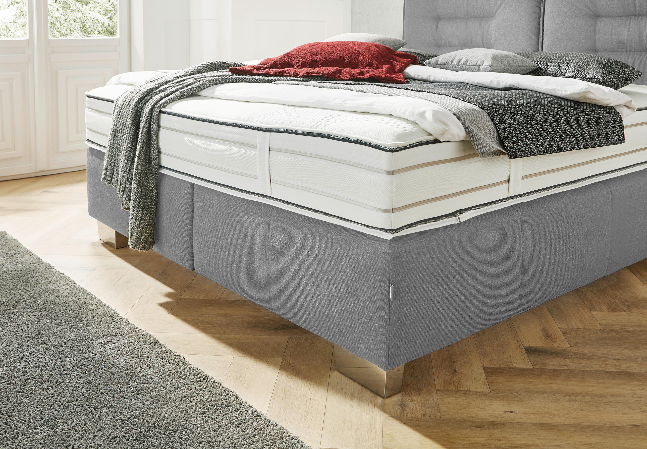Thumbnail - Dieter Knoll Boxspringbett, Hellgrau, Textil, H4, 7-Zonen, Höhe ca. 27 cm, 160x200 cm, gepolstertes Kopfteil, Stoffauswa...