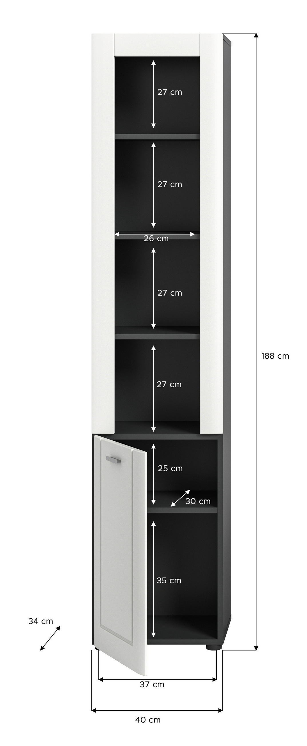 HOCHSCHRANK 40/188/34 cm  - Schwarz/Weiß, MODERN, Holzwerkstoff/Kunststoff (40/188/34cm) - MID.YOU