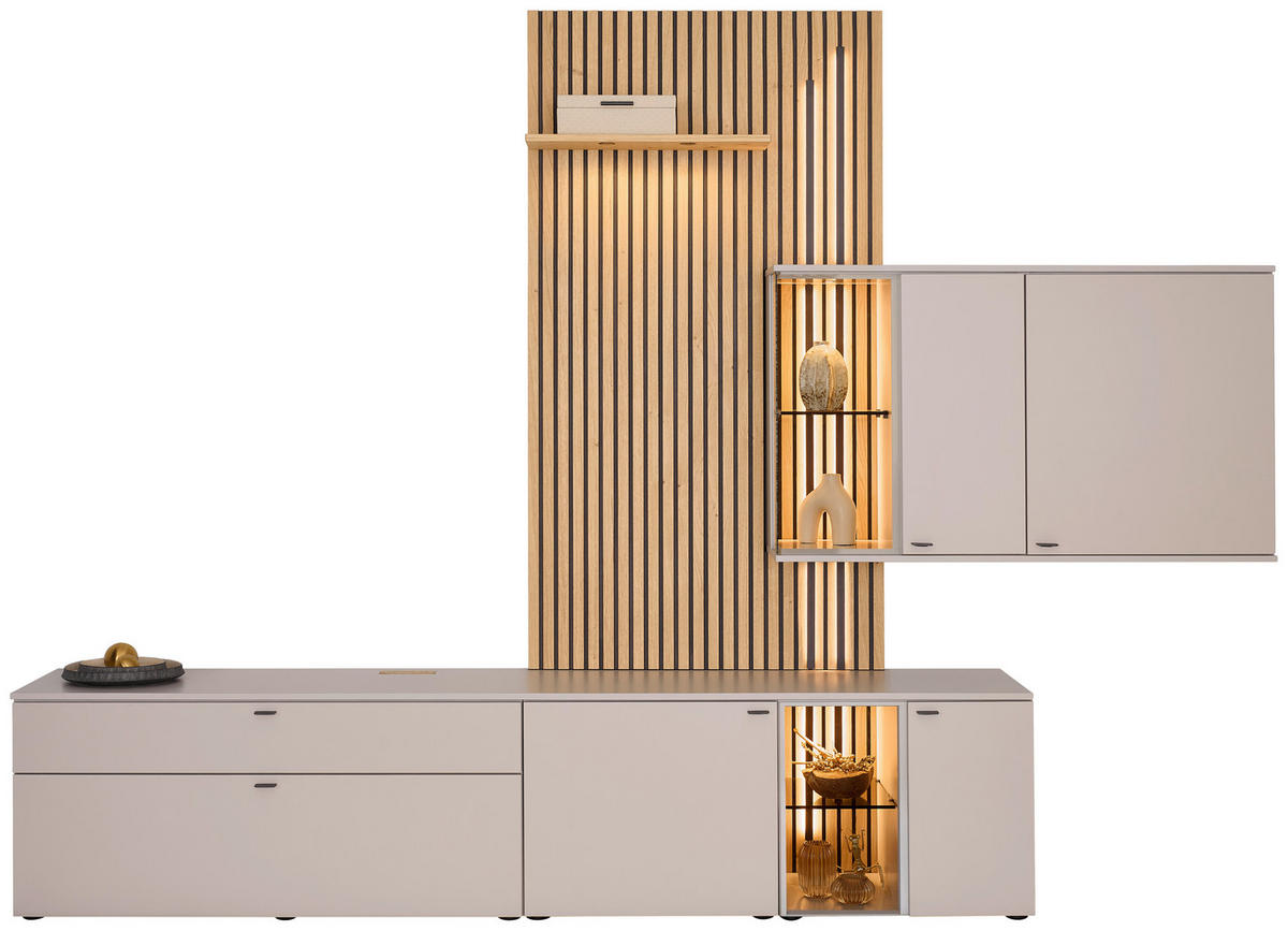 WOHNWAND  Eichefarben, Seidengrau 300/224/43 cm  - Eichefarben/Seidengrau, Design, Glas/Holz (300/224/43cm) - Venjakob