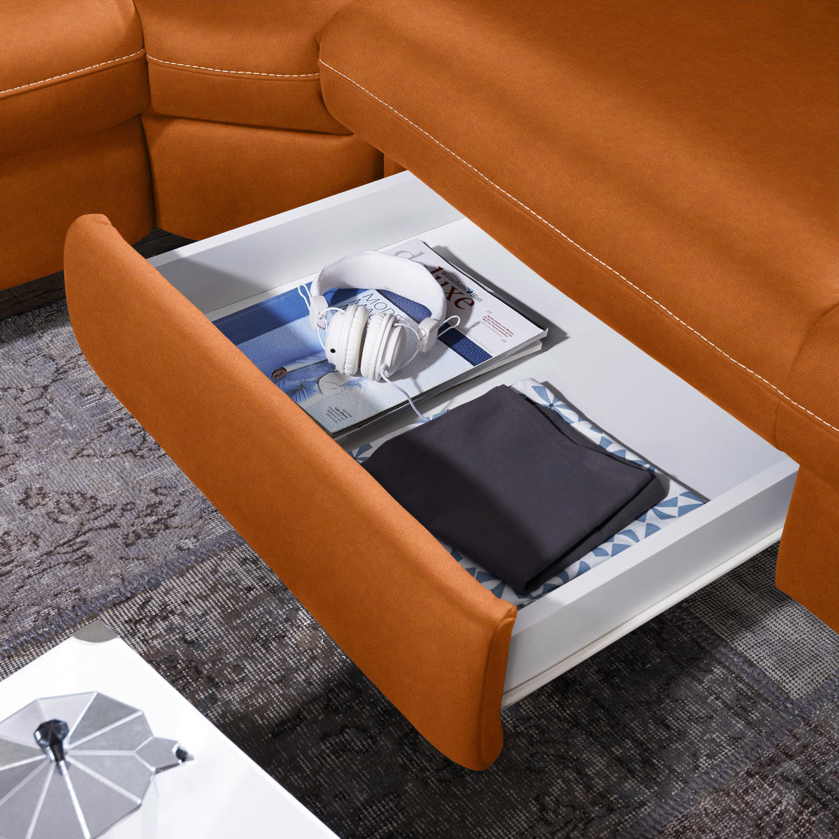 ECKSOFA in Flachgewebe, Mikrofaser Terracotta  271/239 cm  - Beige/Terracotta, Design, Textil/Metall (271/239cm) - Cantus