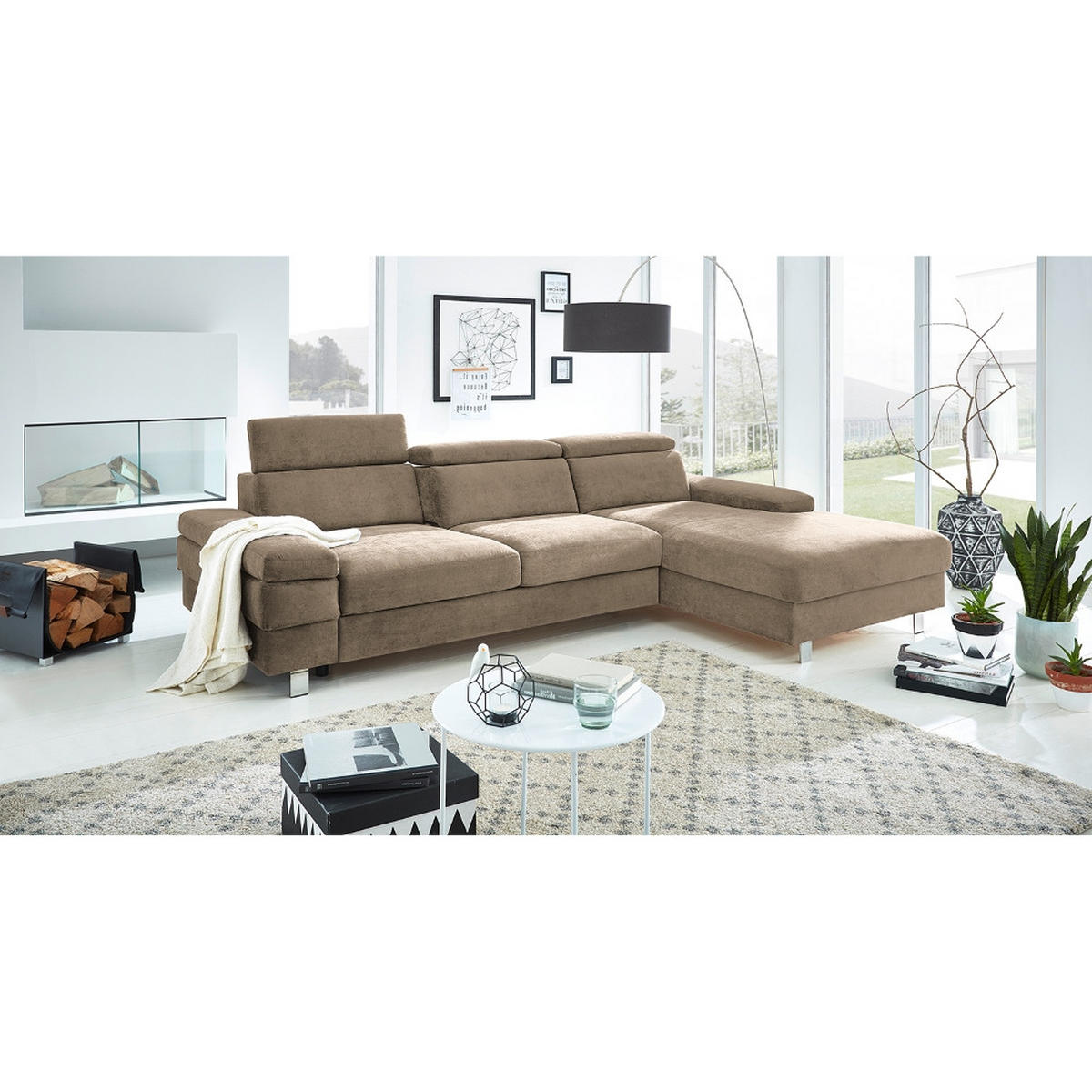 ECKSOFA in Webstoff Schlammfarben  - Schlammfarben/Silberfarben, Konventionell, Textil/Metall (182/82/260cm) - Trendmanufaktur