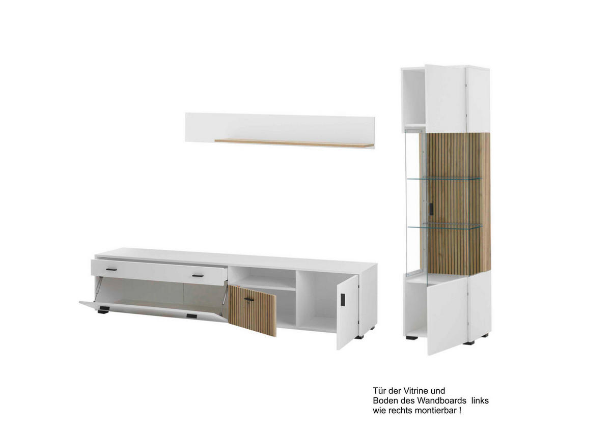 WOHNWAND 3-teilig  in Weiß, Eichefarben  258/180/42 cm  - Eichefarben/Schwarz, Design, Glas/Holzwerkstoff (258/180/42cm) - MID.YOU