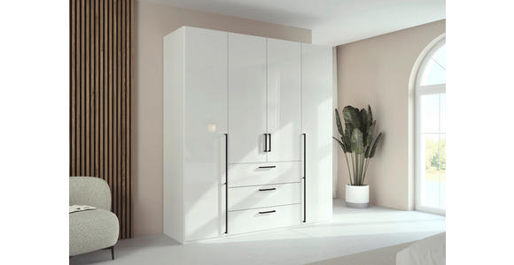 DREHTÜRENSCHRANK 201/223/61 cm,  in Weiß, Weiß Hochglanz, 4-türig  - Weiß Hochglanz/Schwarz, Basics, Holzwerkstoff/Metall (201/223/61cm) - Novel