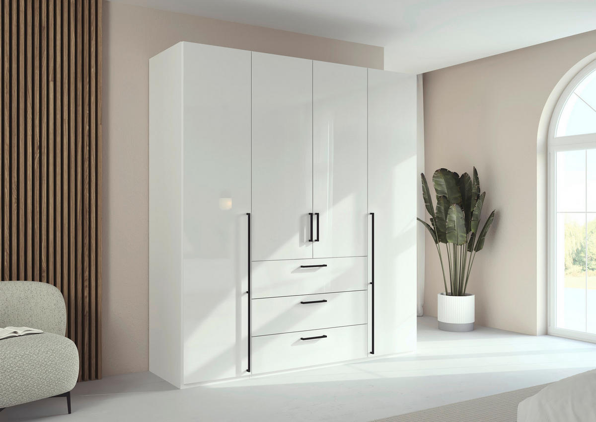 DREHTÜRENSCHRANK 201/223/61 cm,  in Weiß, Weiß Hochglanz, 4-türig  - Weiß Hochglanz/Schwarz, Basics, Holzwerkstoff/Metall (201/223/61cm) - Novel