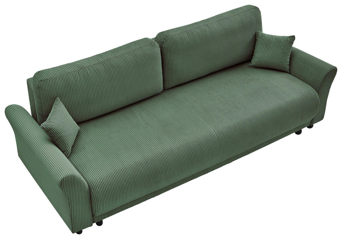 SCHLAFSOFA Malta Cord Grün  inkl. Zierkissen, Rückenkissen, Bettkasten, Schlaffunktion, Rücken echt  - Schwarz/Grün, Design, Textil (244/88/100cm) - P & B