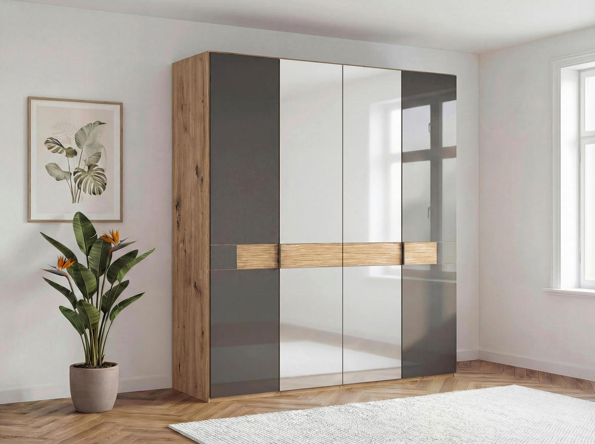 DREHTÜRENSCHRANK 200/216/58 cm,  in Braun, Eichefarben, 4 Tür(en)  - Schieferfarben/Eichefarben, Design, Glas/Holz (200/216/58cm) - Musterring