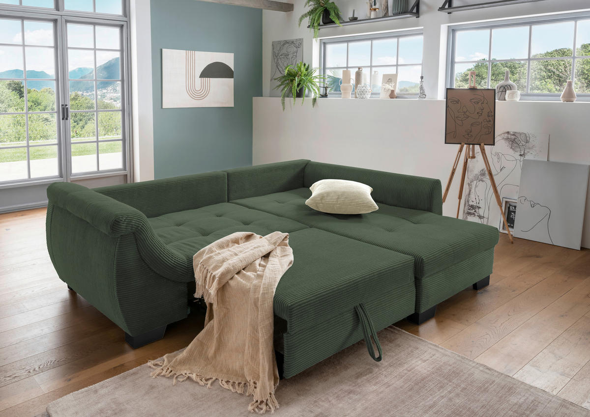 ECKSOFA Grün Cord  - Beige/Schwarz, Design, Holz/Textil (250/190cm) - MID.YOU