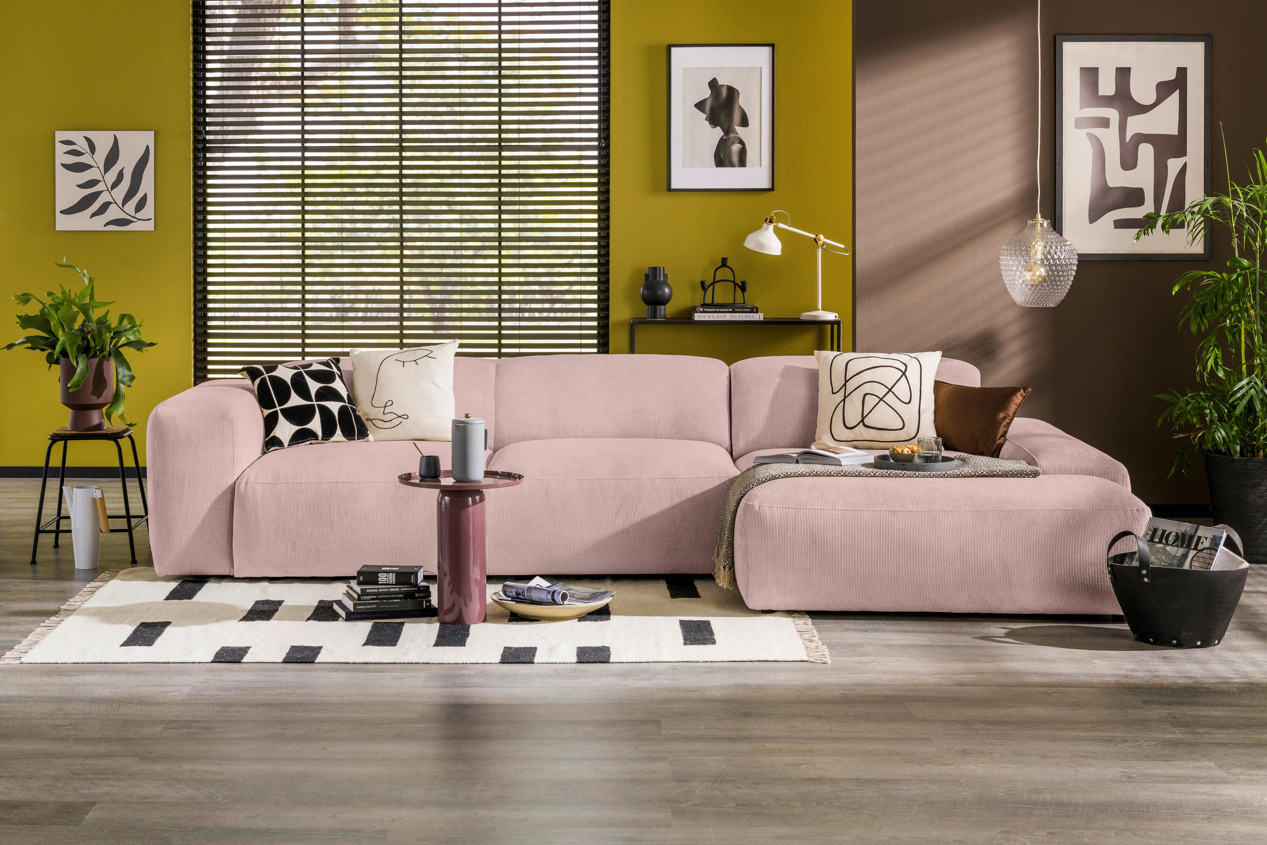 ECKSOFA HANNAH Rosa Cord  - Schwarz/Rosa, Design, Kunststoff/Textil (343/170cm) - MID.YOU