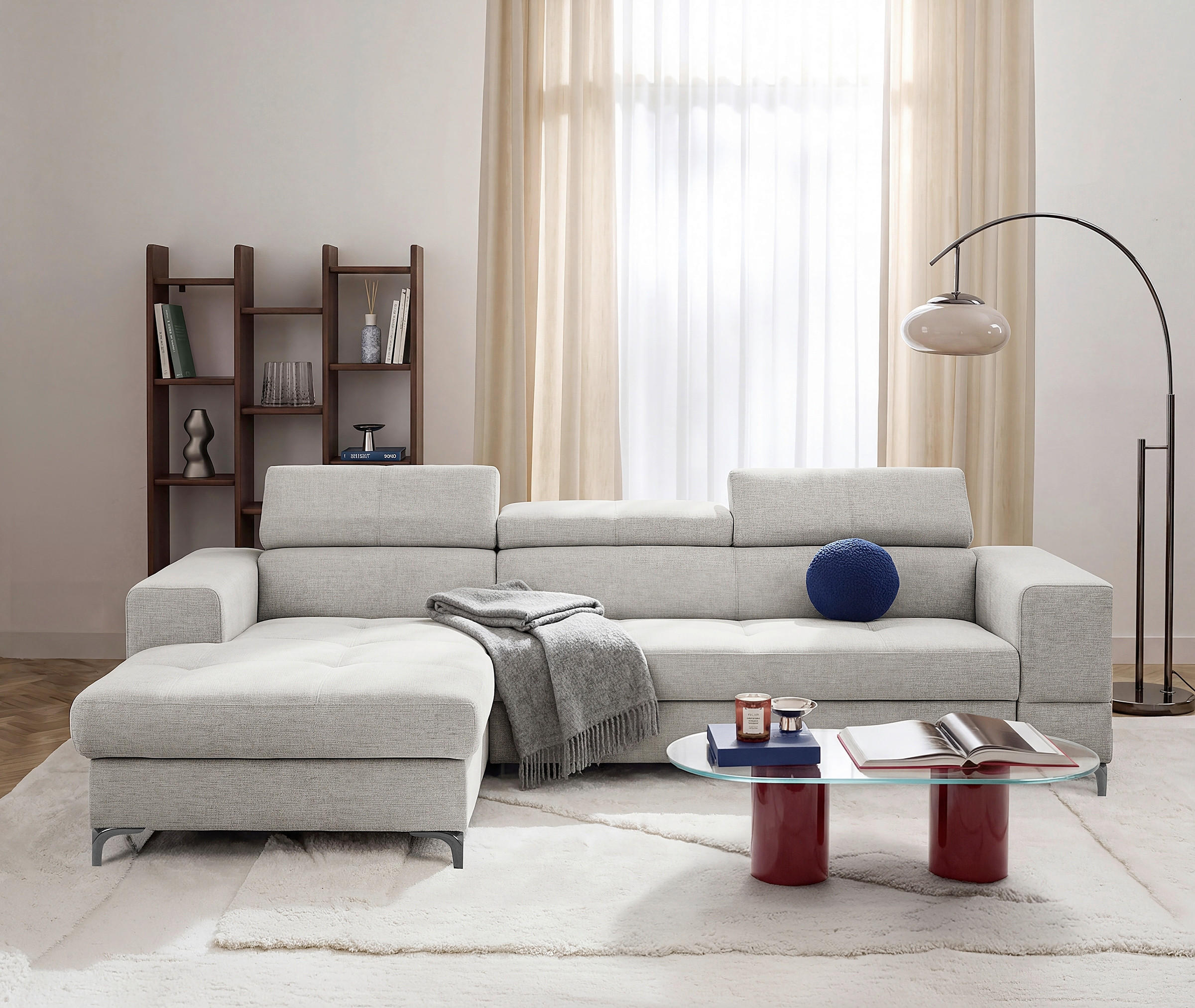 ECKSOFA TORINO Hellgrau Chenille Bettkasten, Kopfteilverstellung  - Schwarzchrom/Hellgrau, Design, Textil/Metall (173/247cm) - Livetastic