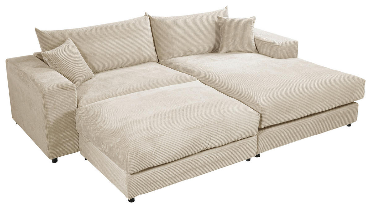 ECKSOFA in Cord, Velours Creme  265/180 cm  - Creme/Schwarz, Basics, Kunststoff/Textil (265/180cm) - Livetastic