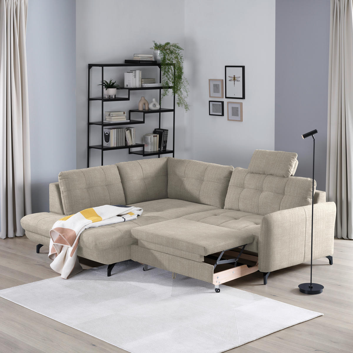 ECKSOFA in Flachgewebe, Leinenoptik Beige  - Beige/Schwarz, Design, Textil/Metall (208/247cm) - Xora