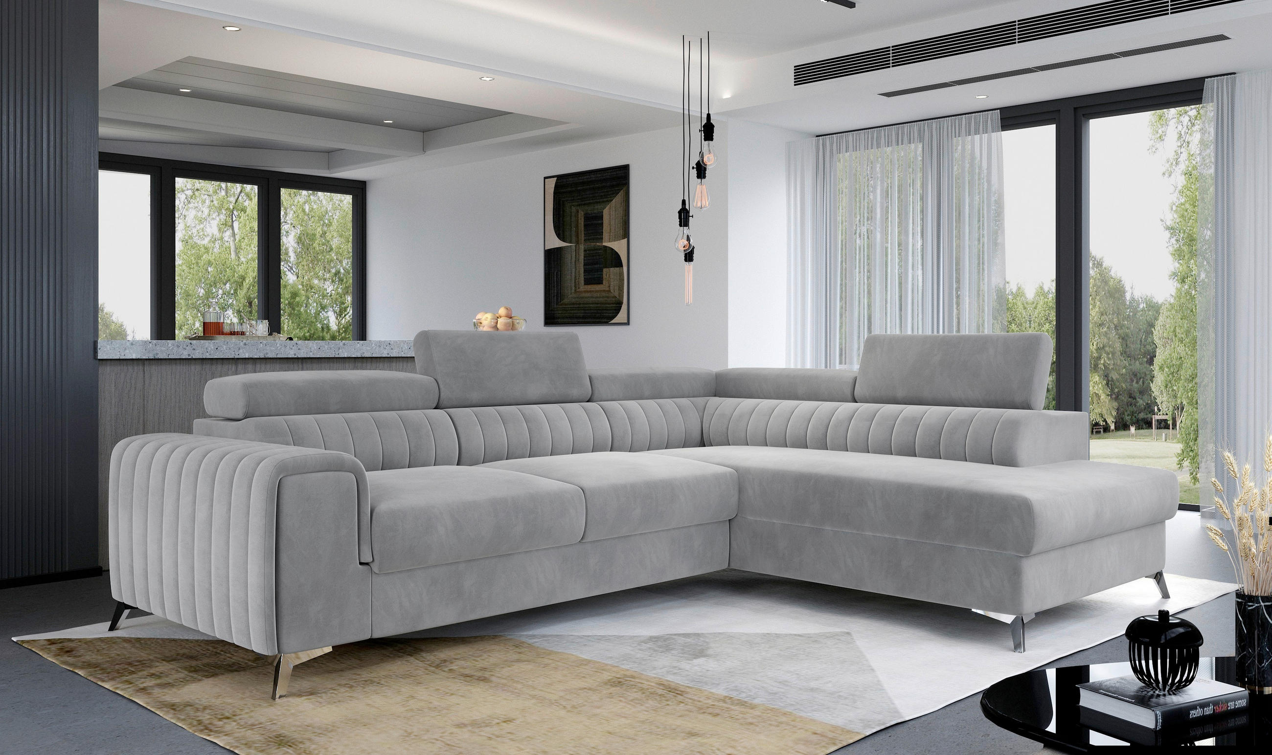 ECKSOFA Samt Hellgrau  - Silberfarben/Hellgrau, Design, Textil/Metall (278/205cm) - MID.YOU