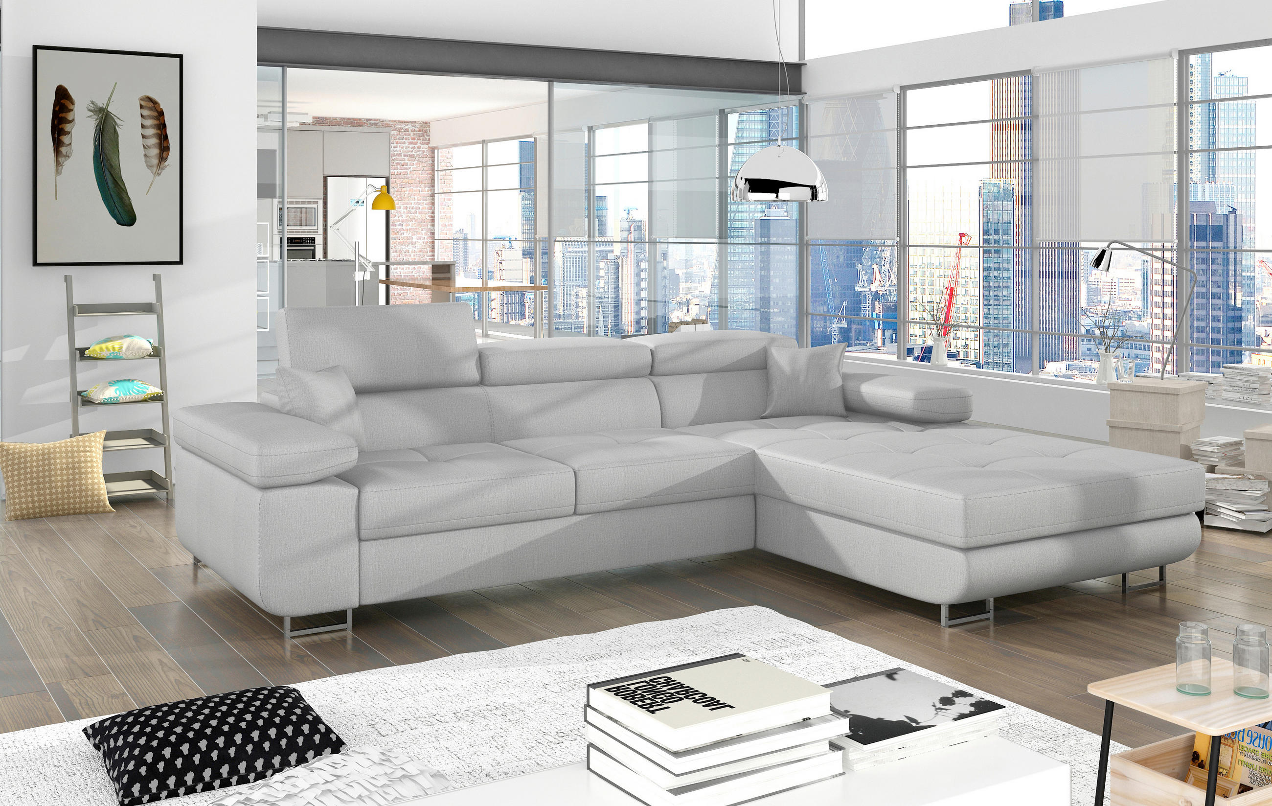 ECKSOFA Hellgrau Samt  - Chromfarben/Hellgrau, Design, Textil/Metall (289/203cm) - MID.YOU