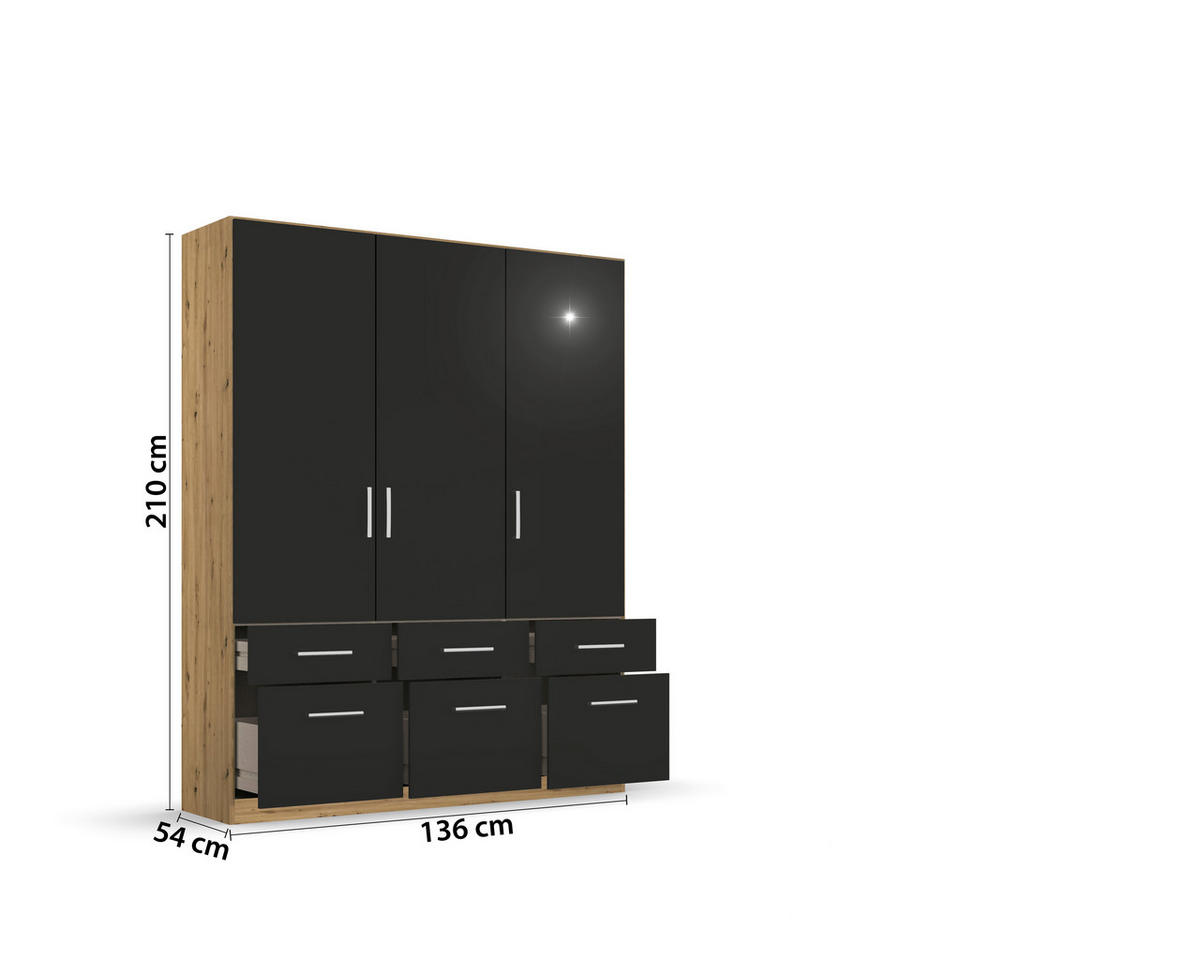DREHTÜRENSCHRANK  in Eiche Artisan, Grau  - Chromfarben/Eiche Artisan, MODERN, Holzwerkstoff/Kunststoff (136/210/54cm) - Rauch Möbel