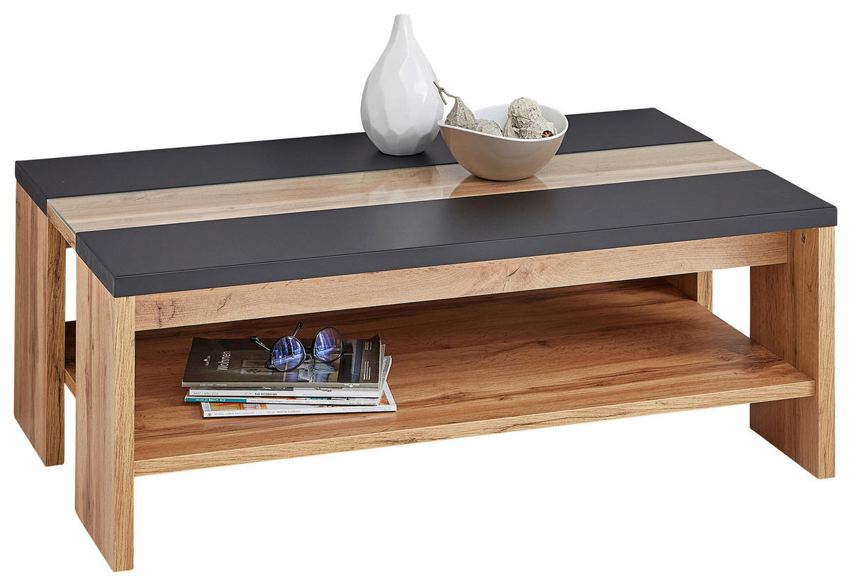 COUCHTISCH Klarglas 110/65/40 cm rechteckig Schwarz, Eichefarben  - Eichefarben/Schwarz, Design, Glas/Holzwerkstoff (110/65/40cm) - Hom`in