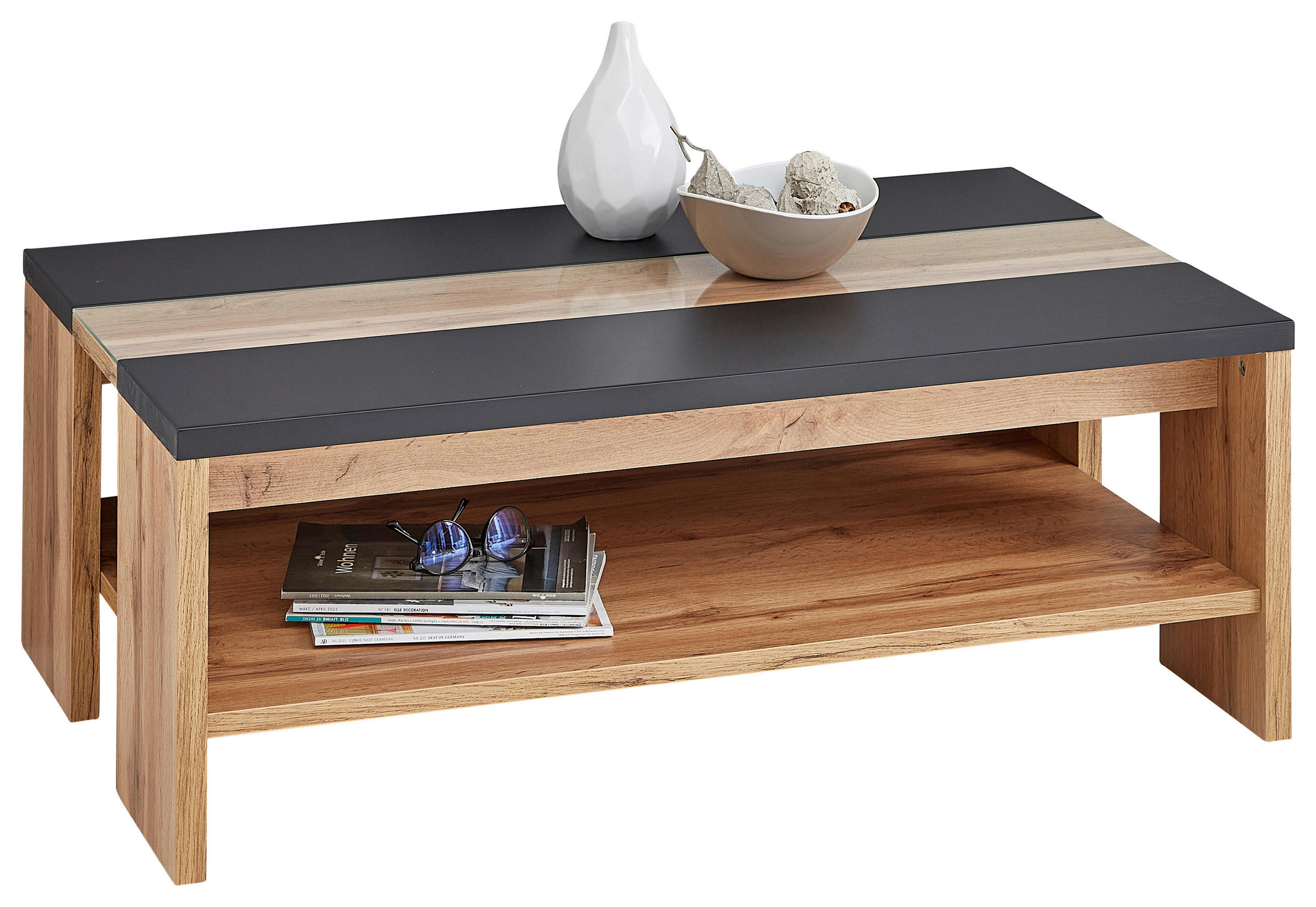 Thumbnail - Hom`in Couchtisch, Schwarz, Eiche, Glas, Holzwerkstoff, rechteckig, Wange, 65x40x110 cm, offenes Fach, Wohnzimmer, Wohnz...