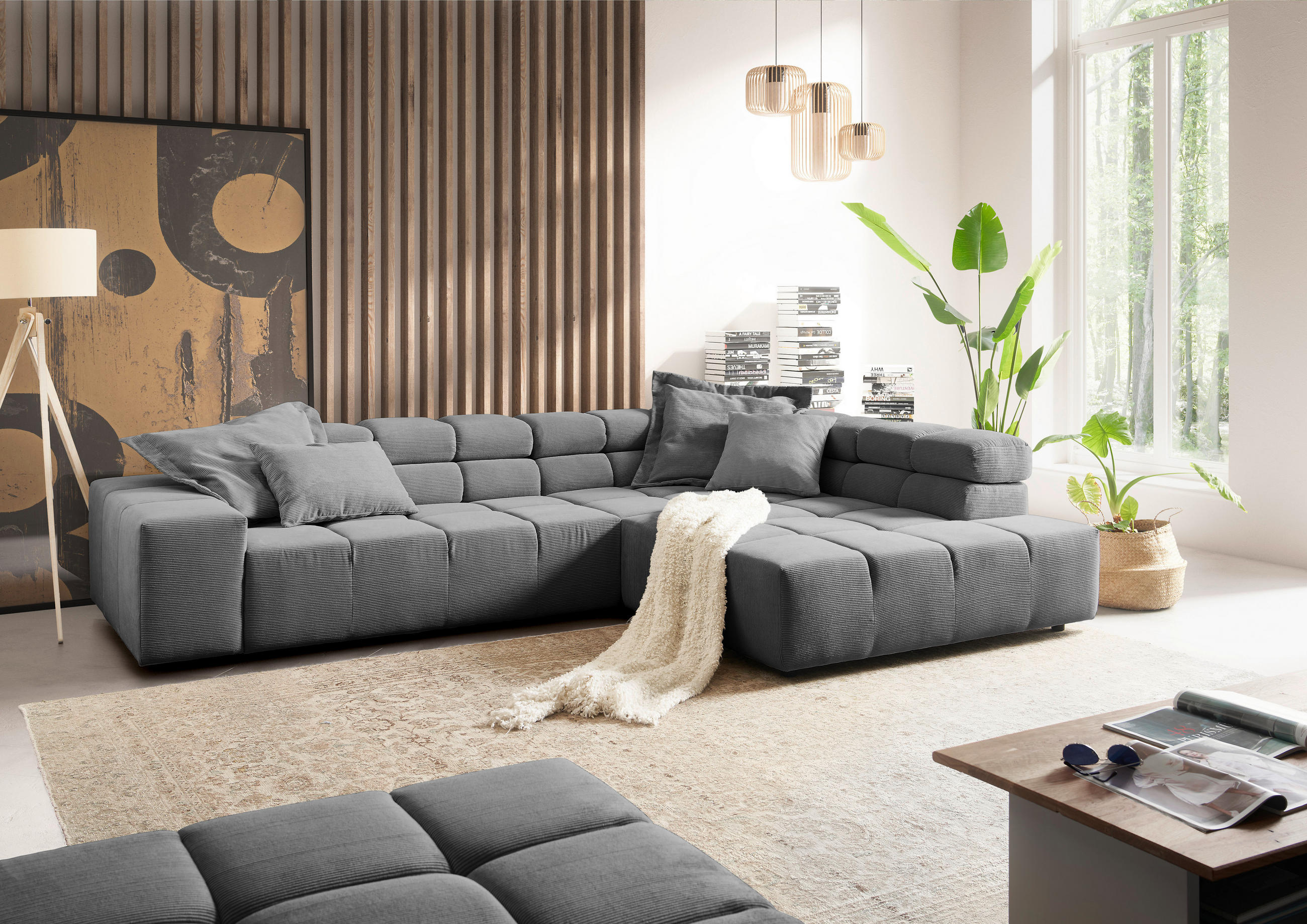 ECKSOFA in Feincord Grau  - Schwarz/Grau, Design, Kunststoff/Textil (319/215cm) - Hom`in