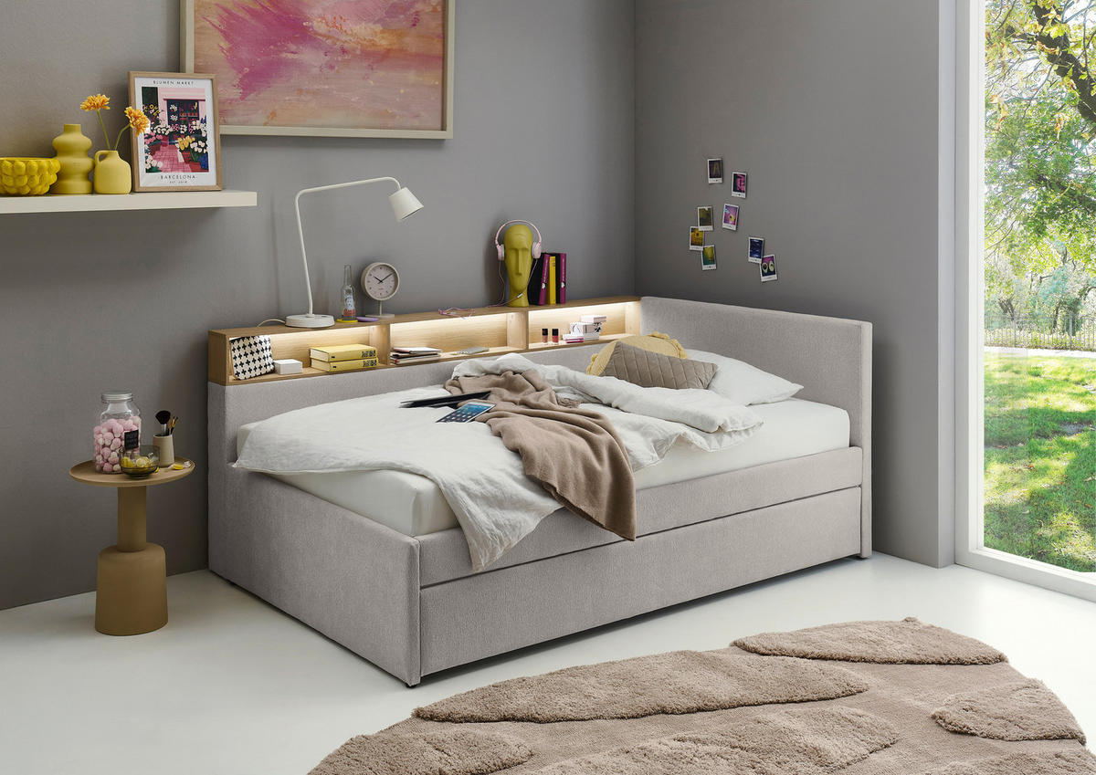 AUSZIEHBETT 90/200 cm,  in Grau, Matratze, Lattenrost  - Grau, MODERN, Holz/Holzwerkstoff (90/200cm) - Stylife