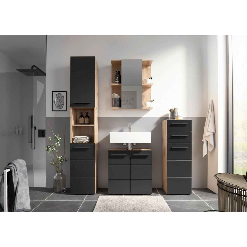 Thumbnail - Mid.you Midischrank, Schwarz, Eiche, Kunststoff, 1 Fächer, 2 Schubladen, 34x104x31 cm, stehend, Badezimmer, Badezimmersc...