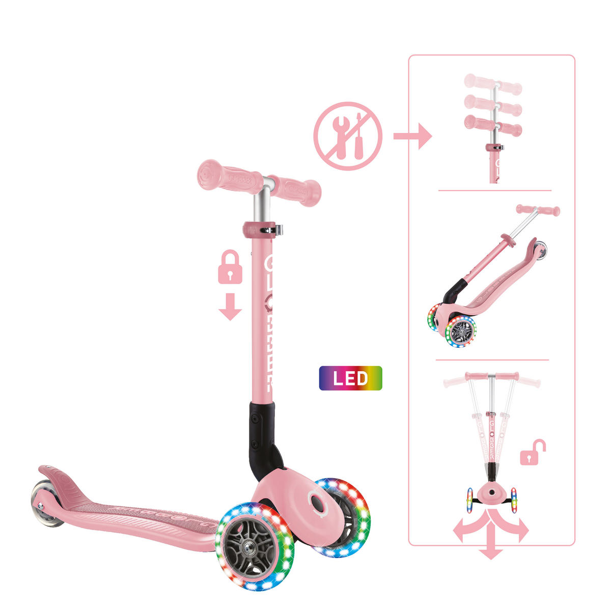 KINDERSCOOTER JUNIOR FOLDABLE LIGHTS  - Rosa, Basics, Kunststoff (56/28.6/68cm) - GLOBBER