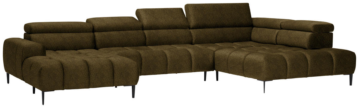 WOHNLANDSCHAFT in Samt, Webstoff Olivgrün  - Schwarz/Olivgrün, Design, Textil/Metall (177/385/216cm) - Welnova