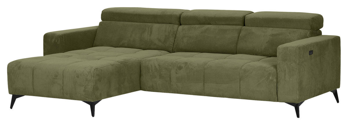 ECKSOFA Olivgrün Cord Rücken echt, Kopfteilverstellung, Sitzvorzug  - Schwarz/Olivgrün, KONVENTIONELL, Textil/Metall (170/257cm) - Carryhome
