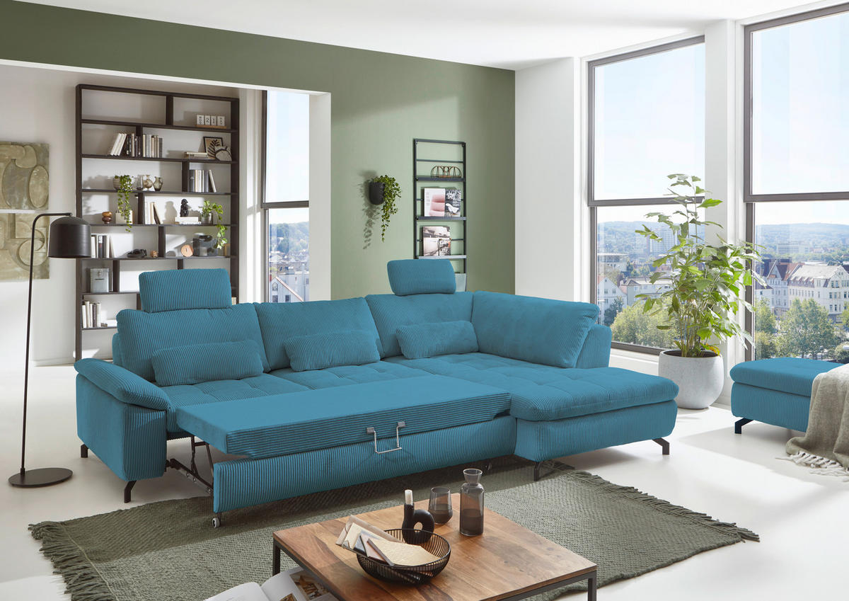 ECKSOFA in Cord, Velours Petrol  - Petrol/Schwarz, Design, Textil/Metall (291/197cm) - Beldomo Style