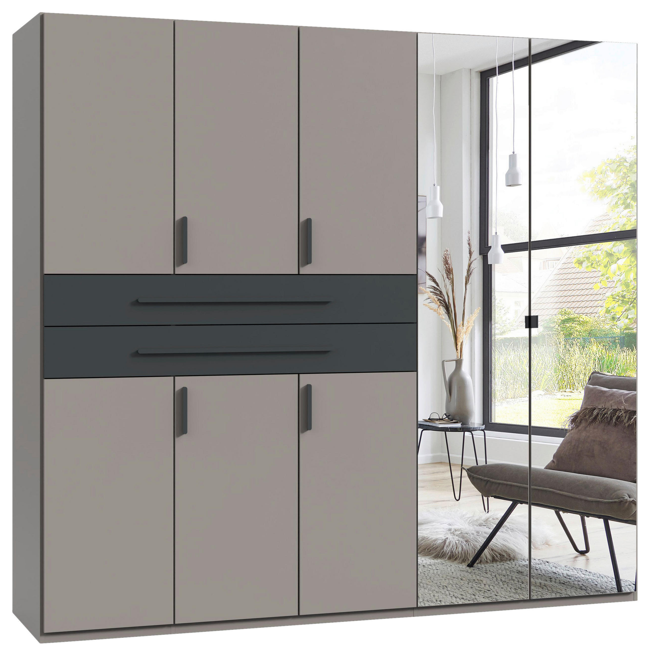 OMARA ZA OBLAČILA, barve grafita, siva, sahara  - sahara/siva, Design, steklo/leseni material (225/208/65cm) - Carryhome