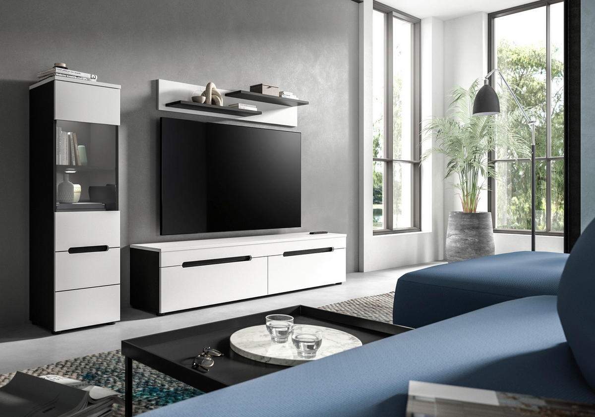 WOHNWAND 3-teilig  in Weiß  221/141/33 cm  - Schwarz/Weiß, Design, Holzwerkstoff/Kunststoff (221/141/33cm) - Livetastic