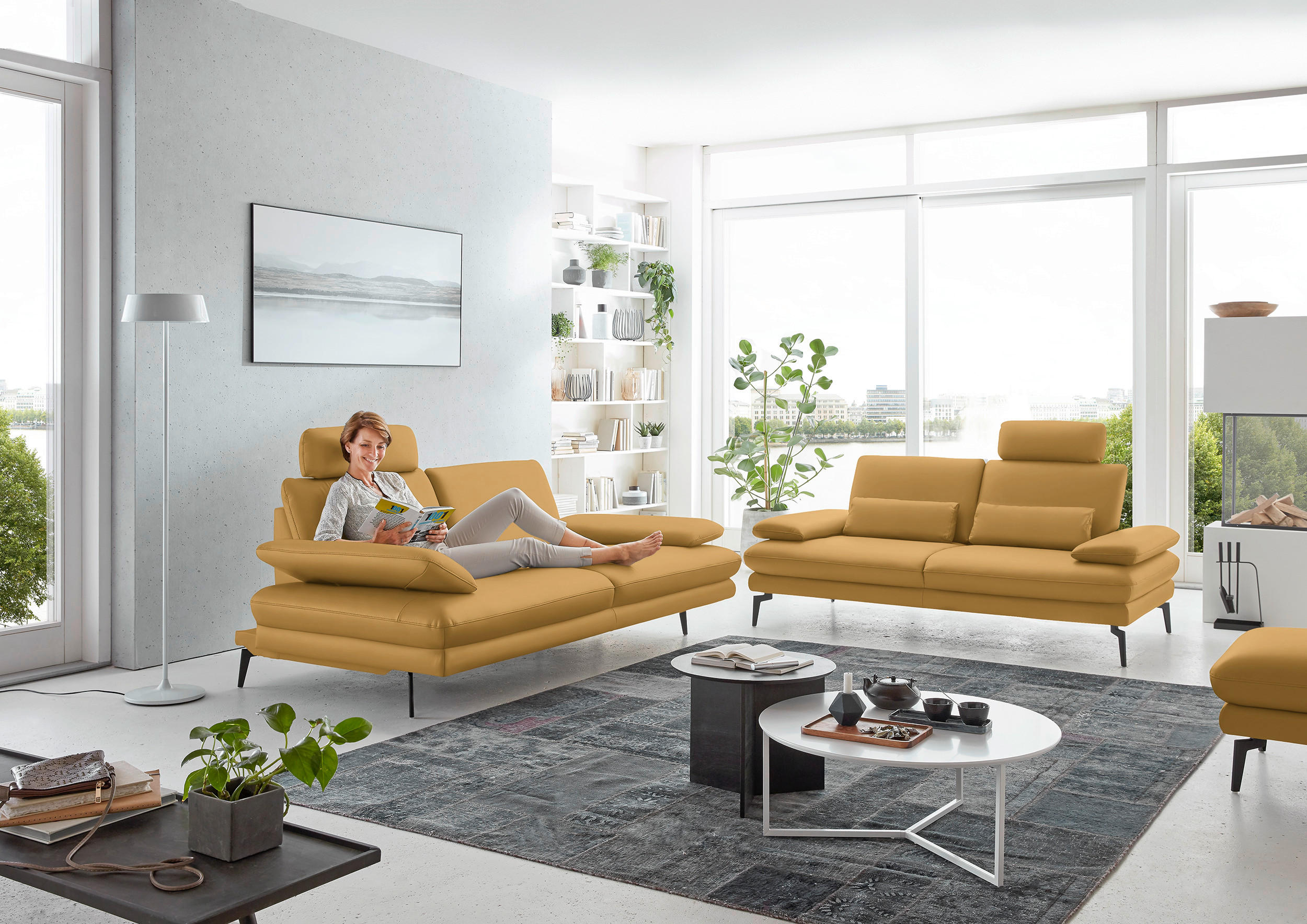 2,5-SITZER in Echtleder Gelb  - Gelb/Schwarz, Design, Leder/Metall (196/86/104cm) - Dieter Knoll