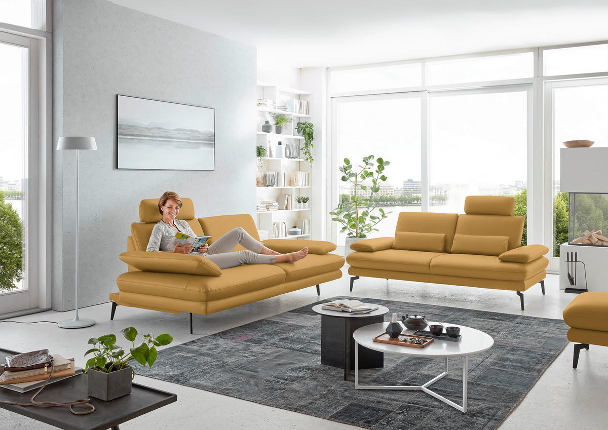 2,5-SITZER in Echtleder Gelb  - Gelb/Schwarz, Design, Leder/Metall (196/86/104cm) - Dieter Knoll