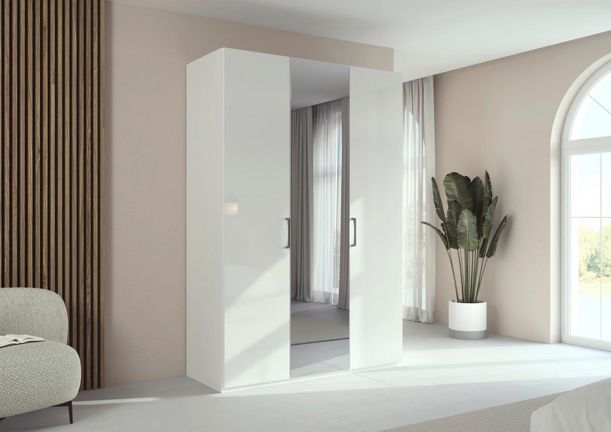 DREHTÜRENSCHRANK 151/223/61 cm,  in Weiß, Weiß Hochglanz, 3-türig  - Chromfarben/Edelstahlfarben, Basics, Glas/Holzwerkstoff (151/223/61cm) - Novel