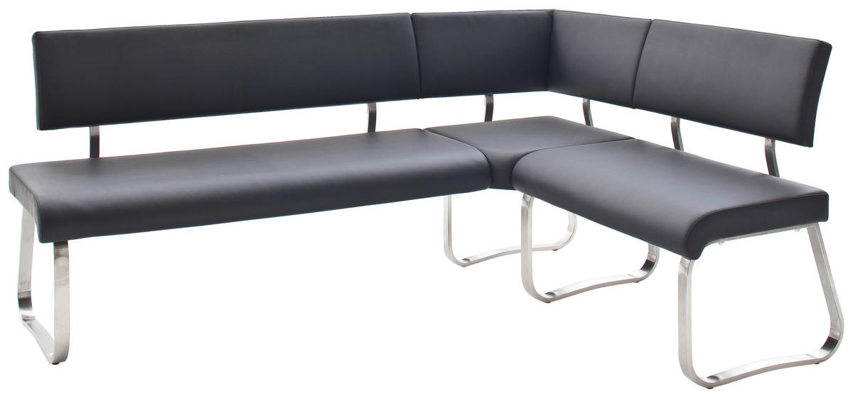 ECKBANK Lederlook Schwarz, Edelstahlfarben   - Edelstahlfarben/Schwarz, Design, Textil/Metall (200cm) - Livetastic