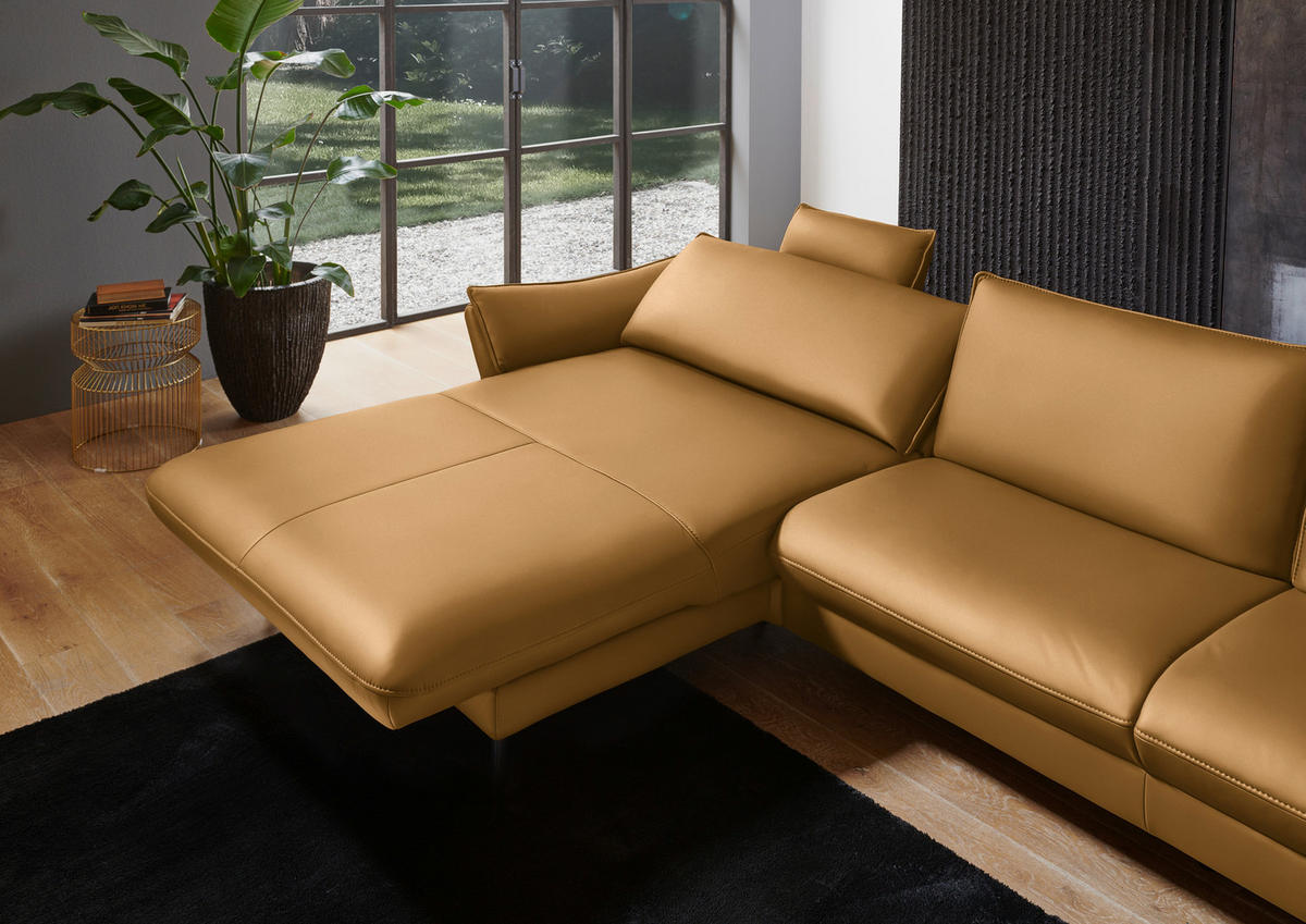 ECKSOFA in Echtleder Currygelb  - Currygelb/Schwarz, Design, Leder/Metall (172/334cm) - Valdera