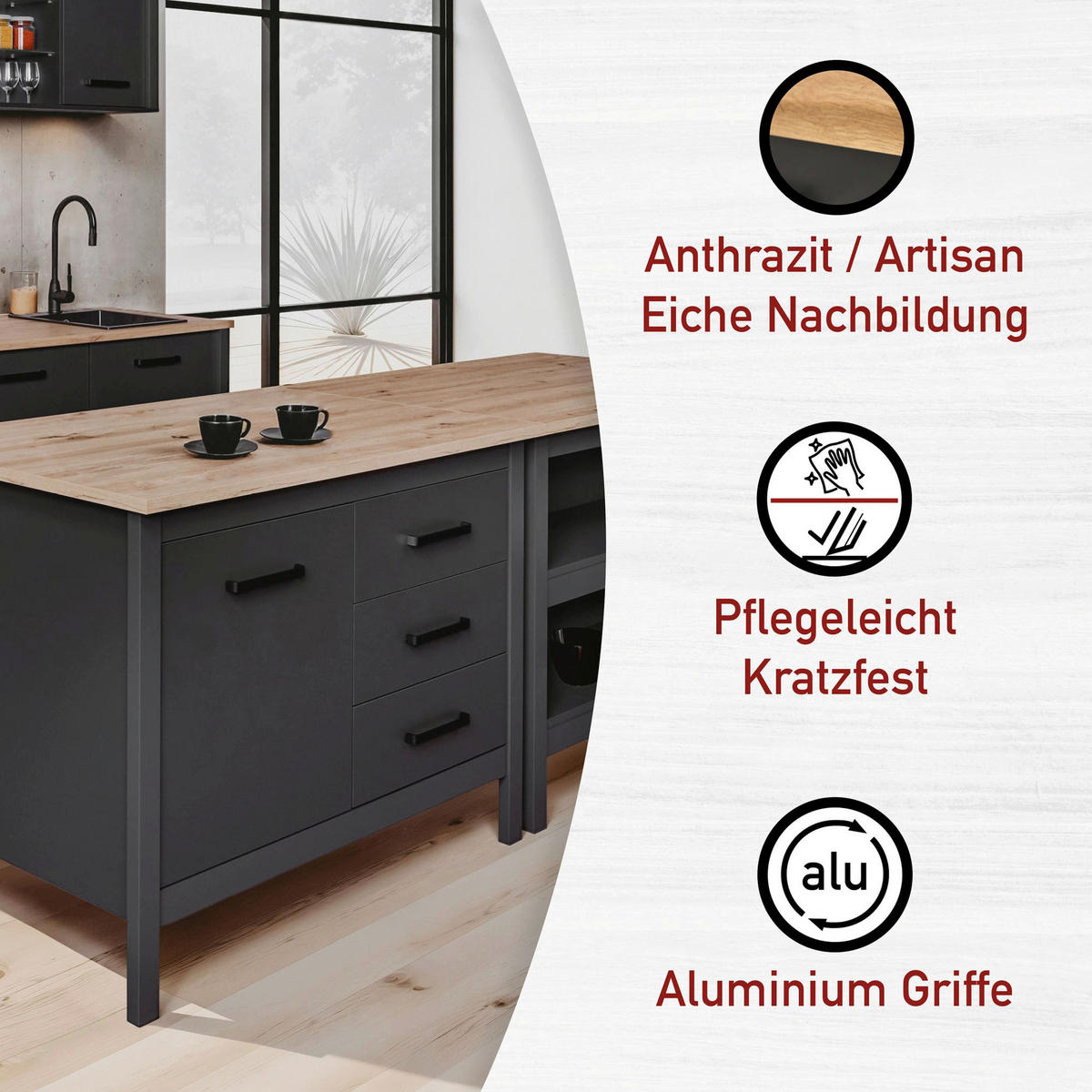 KÜCHENINSEL 124/91/75 cm  in Anthrazit, Eiche Artisan  - Anthrazit/Schwarz, MODERN, Holzwerkstoff/Metall (124/91/75cm) - home24