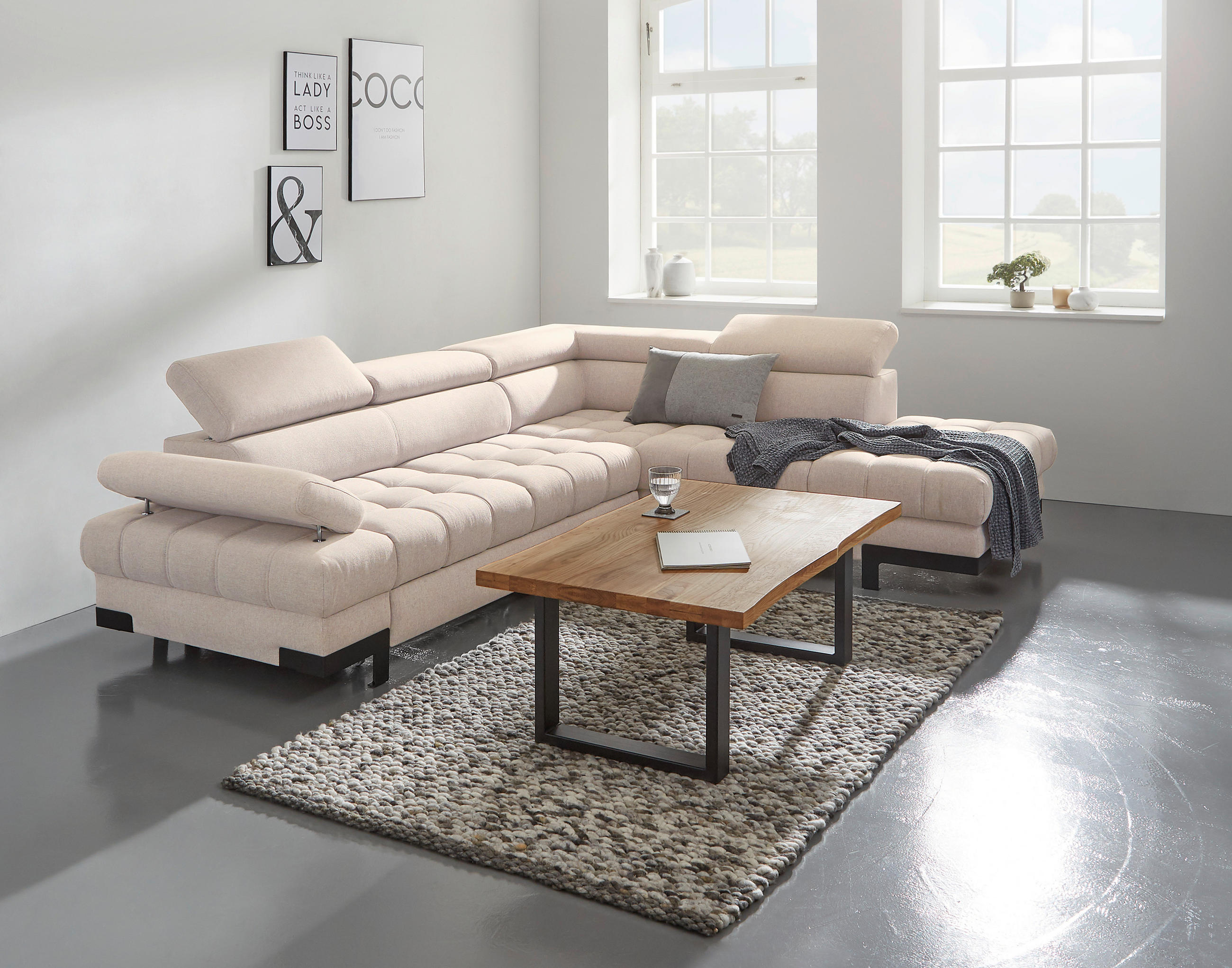 ECKSOFA Beige Webstoff  - Beige/Schwarz, Design, Textil/Metall (263/223cm) - Welnova