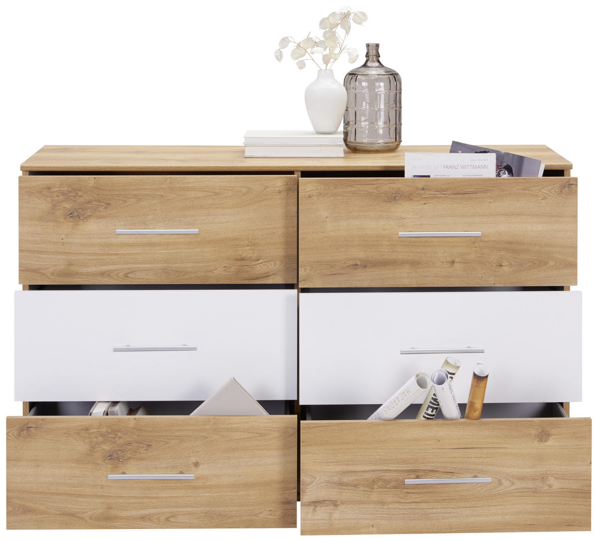 KOMODA  130/83/41 cm  bela, boja hrasta  - boja aluminijuma/boja hrasta, Dizajnerski, pločasti materijal/plastika (130/83/41cm) - Carryhome