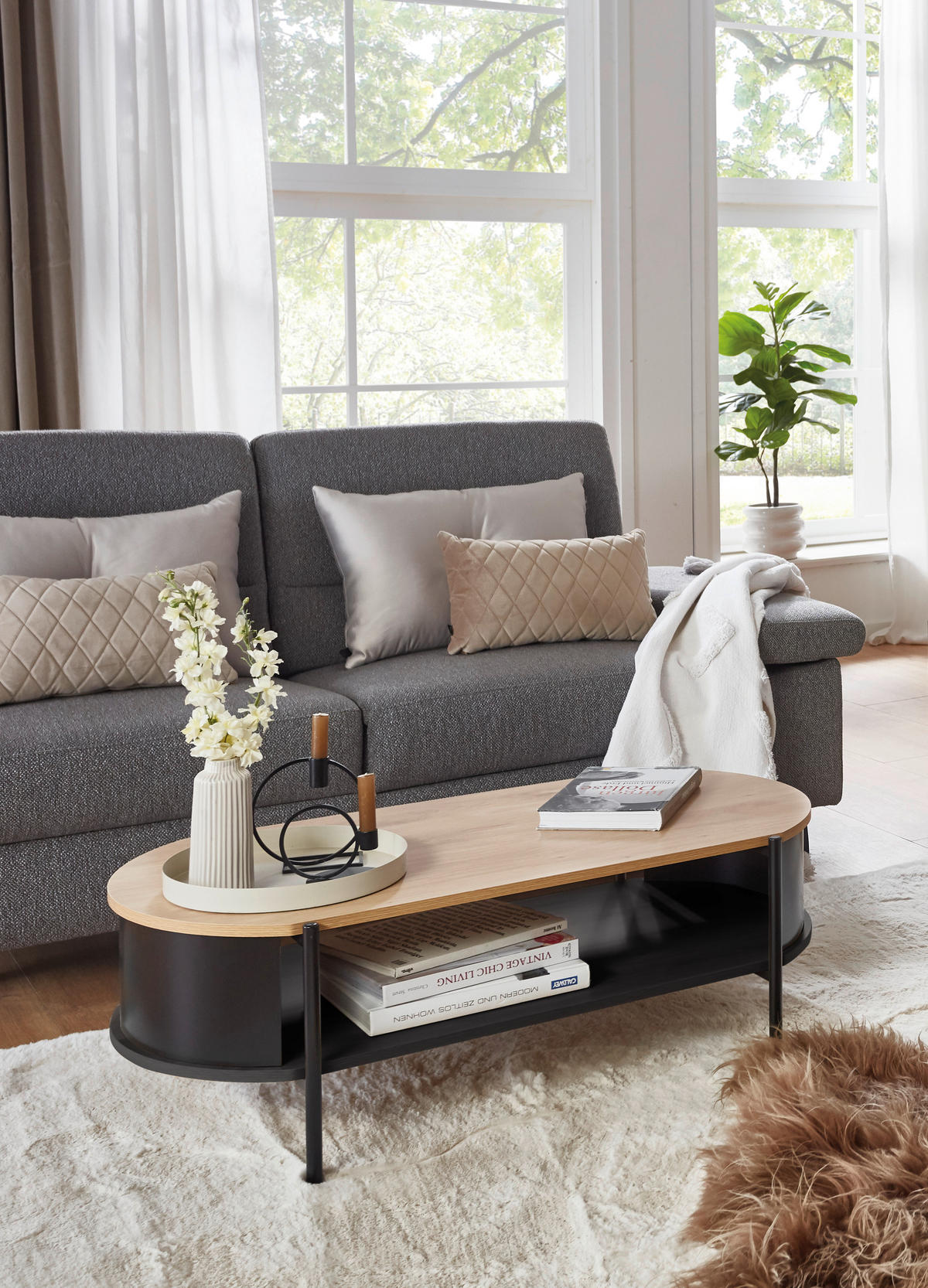 COUCHTISCH 100/54/36,5 cm oval Naturfarben, Schwarz  - Schwarz/Naturfarben, Trend, Holzwerkstoff/Metall (100/54/36,5cm) - Xora