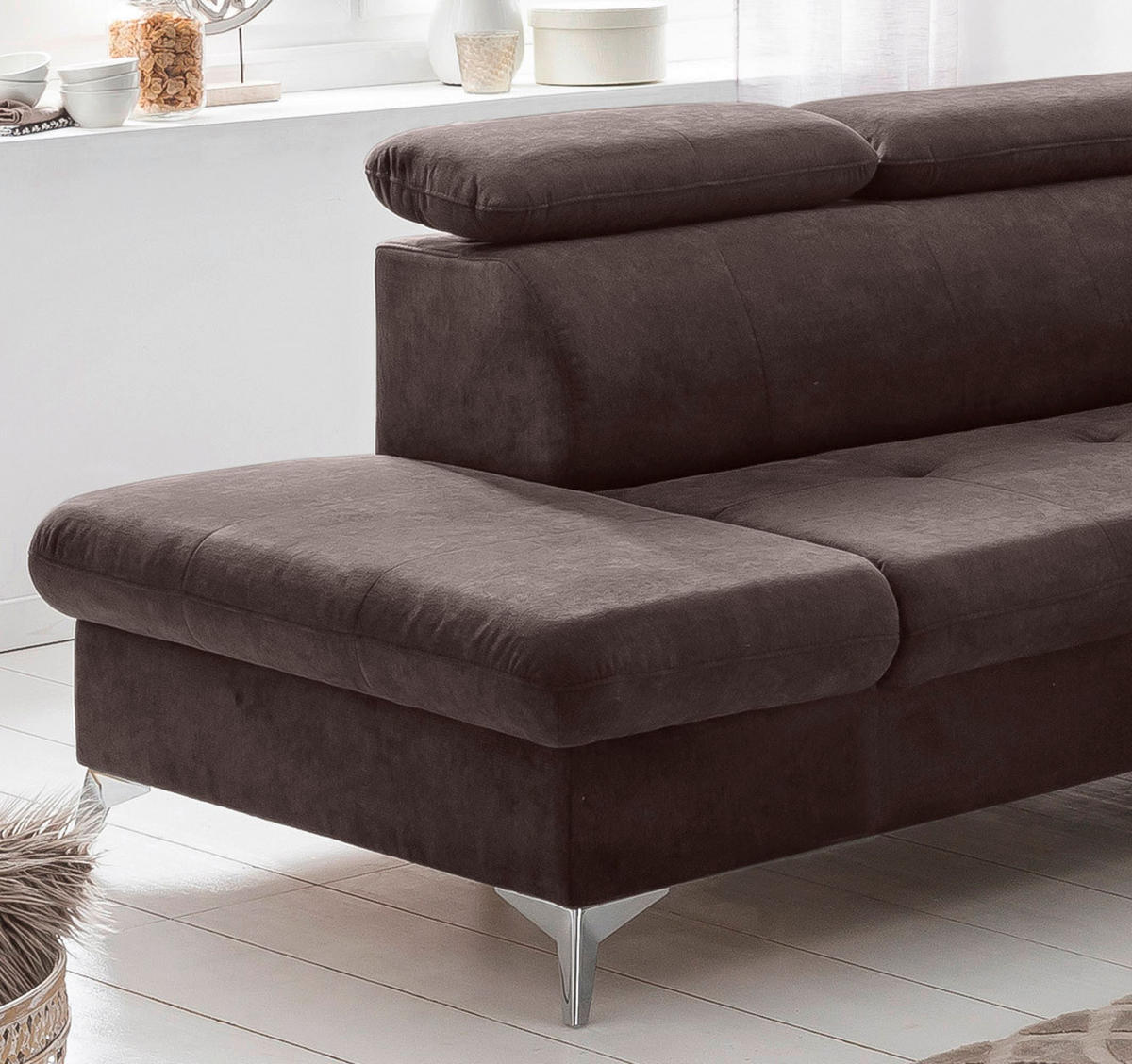 ECKSOFA Dunkelbraun Mikrofaser  - Chromfarben/Dunkelbraun, KONVENTIONELL, Textil/Metall (209/256cm) - Livetastic