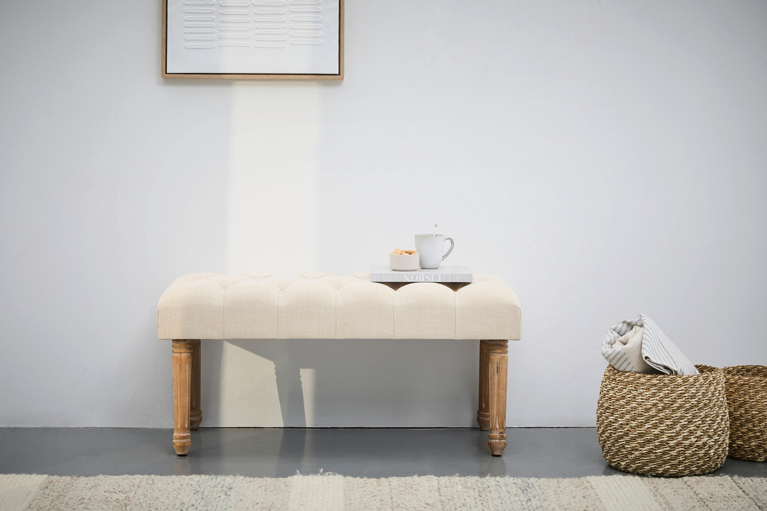 SITZBANK 100/48/40 cm Leinenoptik Naturfarben, Weiß Tanne massiv  - Naturfarben/Weiß, KONVENTIONELL, Holz/Textil (100/48/40cm) - Livetastic