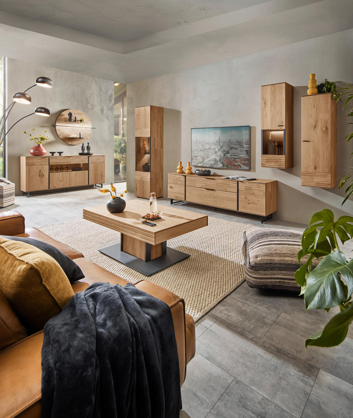 WOHNWAND  in Eichefarben  288/212/44 cm  - Eichefarben/Anthrazit, Natur, Glas/Holz (288/212/44cm) - Valnatura